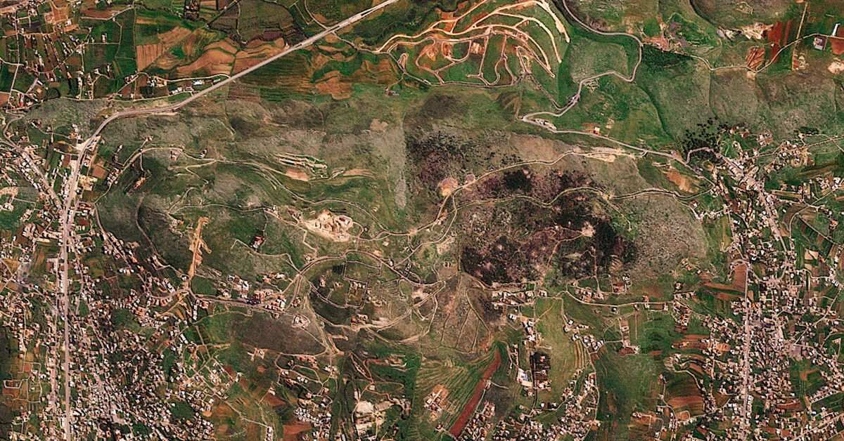 A satellite image shows damage at the Ali al-Taher ridge near Nabatiah, Lebanon, March 8, 2026. 2026 Planet Labs PBC/Handout via REUTERS