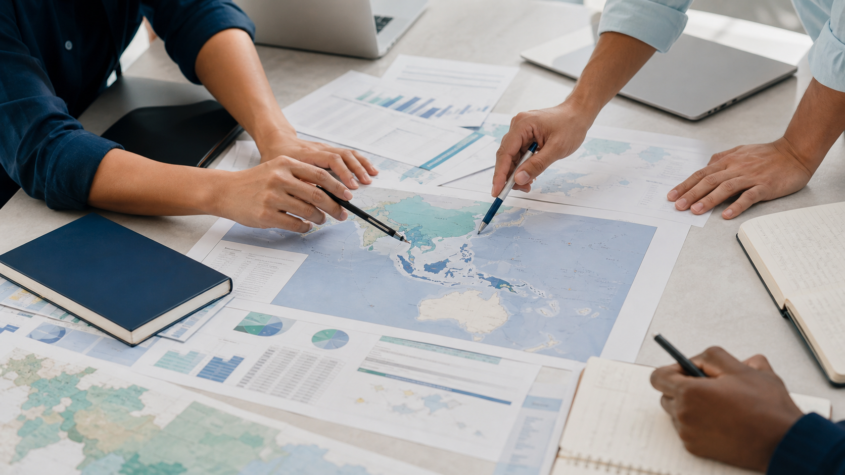 Researchers reviewing material around an Asia-Pacific map
